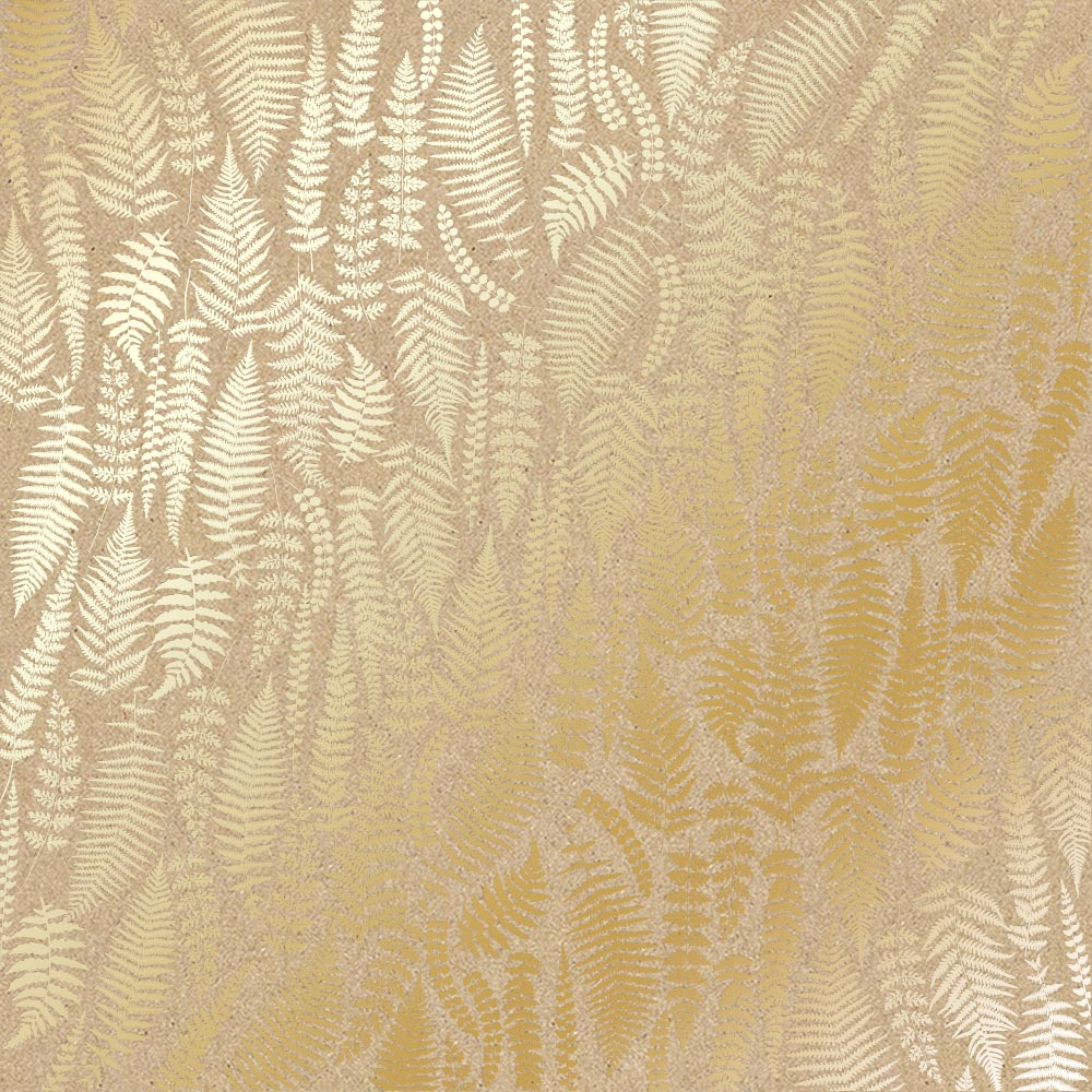 Einseitig bedruckter Papierbogen mit Goldfolienprägung, Dessin Goldfarn, Farbe Kraft - Fabrika Decoru