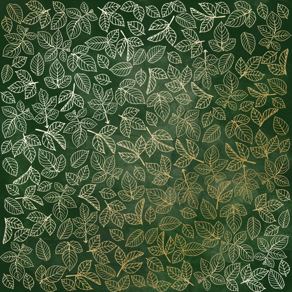 Sheet of single-sided paper with gold foil embossing, pattern "Golden Rose leaves, color Dark green aquarelle"