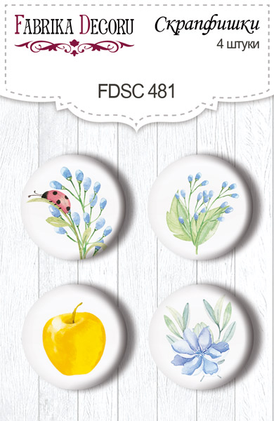 Set mit 4 Flair-Buttons zum Scrapbooking. Lustiger Fuchsjunge #481 - Fabrika Decoru