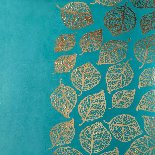 Отрез кожзама с тиснением золотой фольгой, дизайн Golden Leaves Turquoise, 50см х 25см - Фото 1