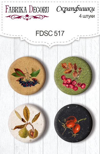 Set mit 4 Flair-Knöpfen zum Scrapbooking Herbstliches botanisches Tagebuch #517 - Fabrika Decoru