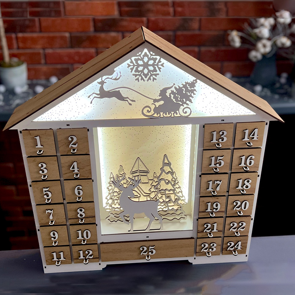 Advent calendar for 25 days with LED illumination, White - Kraft Oak, assembled - foto 2