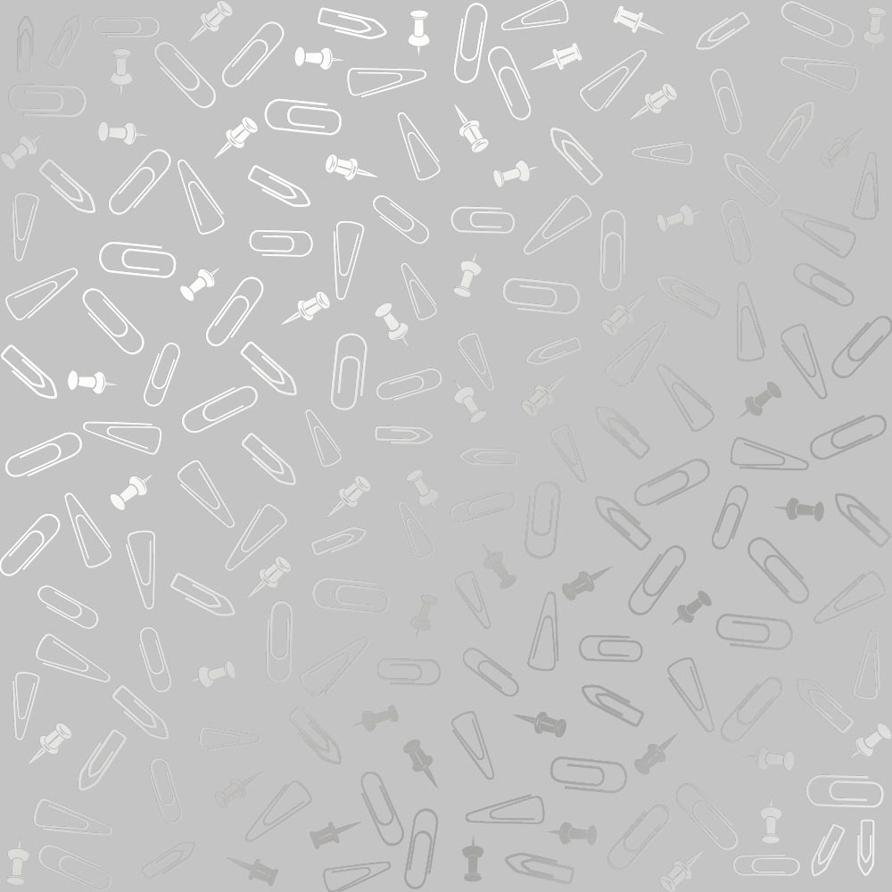 Einseitig bedrucktes Blatt Papier mit Silberfolie, Muster Silber Reißnägel und Büroklammern, Farbe Grau 12"x12" - Fabrika Decoru