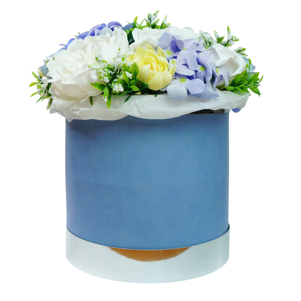 "Blue charm" composition with soap foam flowers in a hat box, 250 x 250 x 300 mm - foto 1