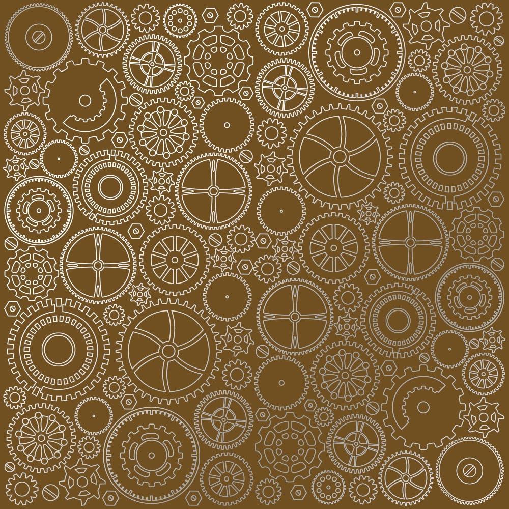 Sheet of single-sided paper embossed with silver foil, pattern Silver Gears, color Milk chocolate 12"x12" 