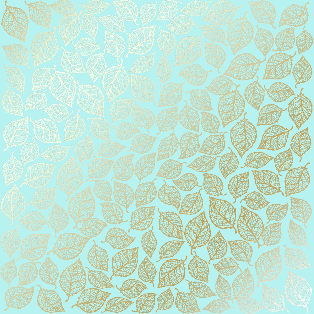 Sheet of single-sided paper with gold foil embossing, pattern Golden Leaves mini, color Turquoise