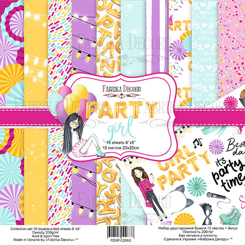 Doppelseitiges Scrapbooking-Papierset Party Girl 20 cm x 20 cm, 10 Blätter - Fabrika Decoru