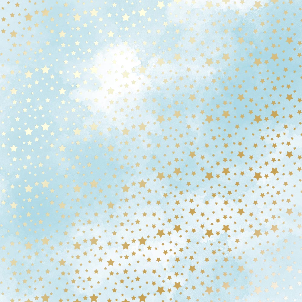 Blatt aus einseitig bedrucktem Papier mit Goldfolienprägung, Muster Goldene Sterne, Farbe Azure Aquarell, 12"x12" - Fabrika Decoru
