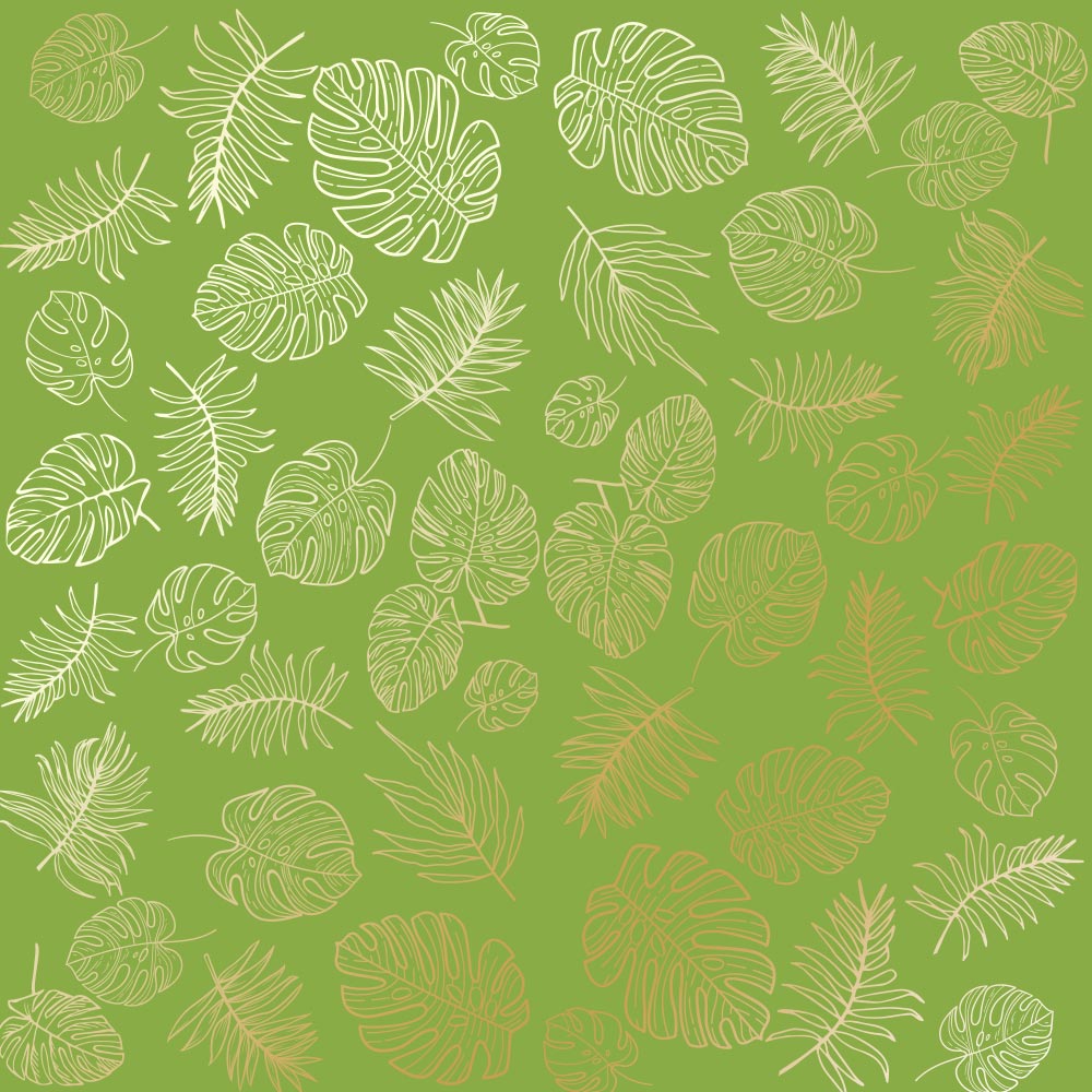 Blatt einseitig bedrucktes Papier mit Goldfolienprägung, Muster Golden Tropical Leaves, Farbe Bright Green, 12"x12" - Fabrika Decoru