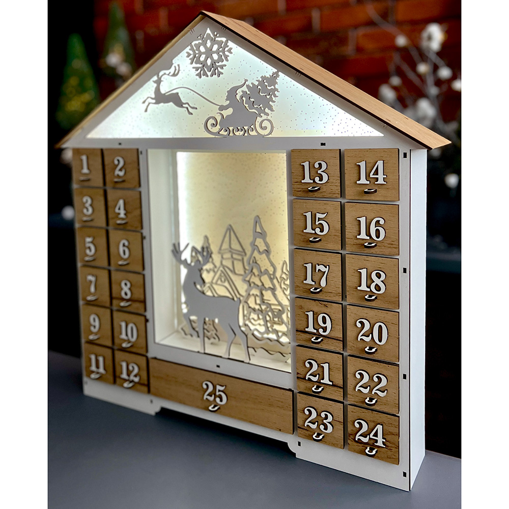 Advent calendar for 25 days with LED illumination, White - Kraft Oak, assembled - foto 1