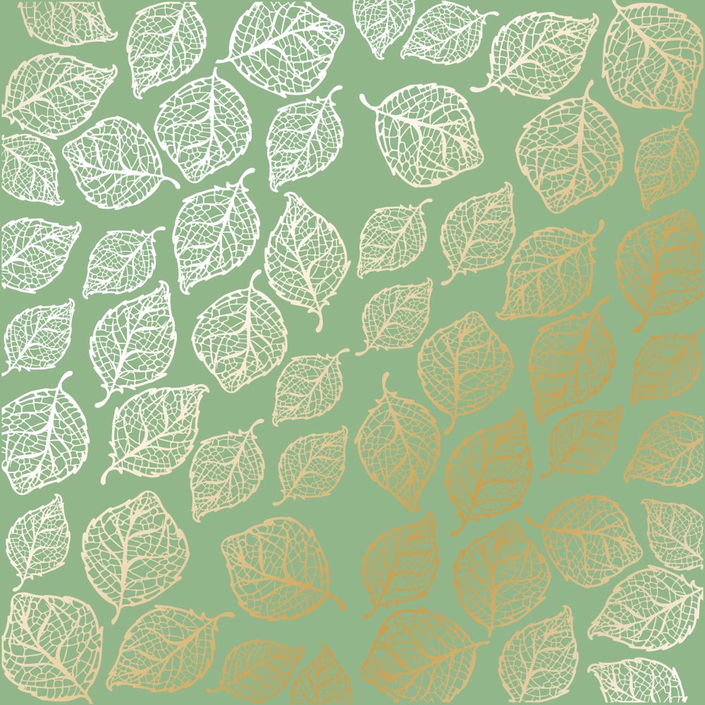 Sheet of single-sided paper with gold foil embossing, pattern Golden Delicate Leaves, color Avocado, 12"x12"