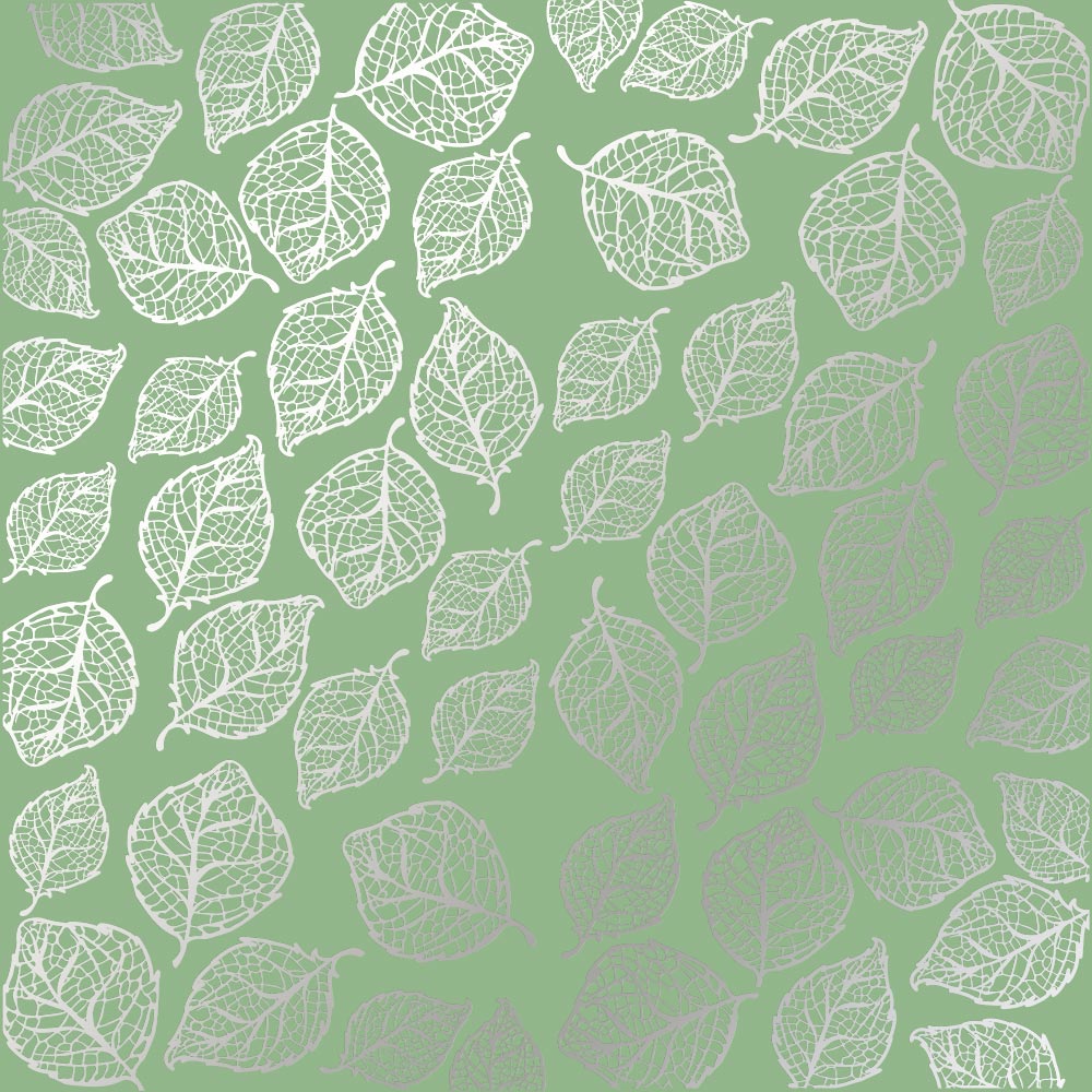 Einseitig bedrucktes Blatt Papier mit Silberfolie, Muster Silberne zarte Blätter, Farbe Avocado 12"x12" - Fabrika Decoru