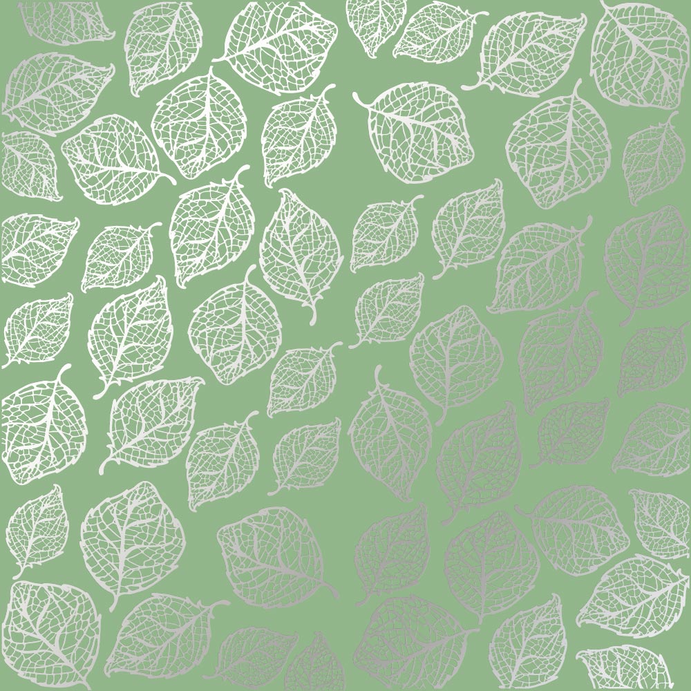 Sheet of single-sided paper embossed with silver foil, pattern Silver Delicate Leaves, color Avocado 12"x12" 