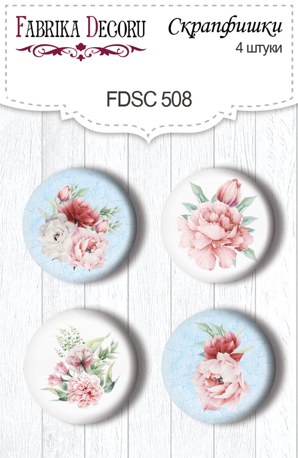 Set mit 4 Flair-Buttons zum Scrapbooking von Pfingstrosengarten #508 - Fabrika Decoru