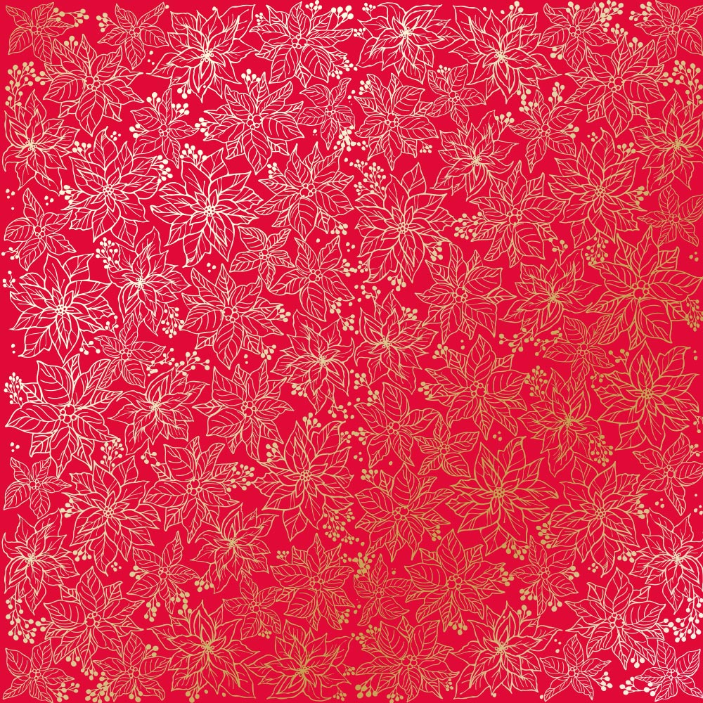Sheet of single-sided paper with gold foil embossing, pattern Golden Poinsettia Poppy red, 12"x12"