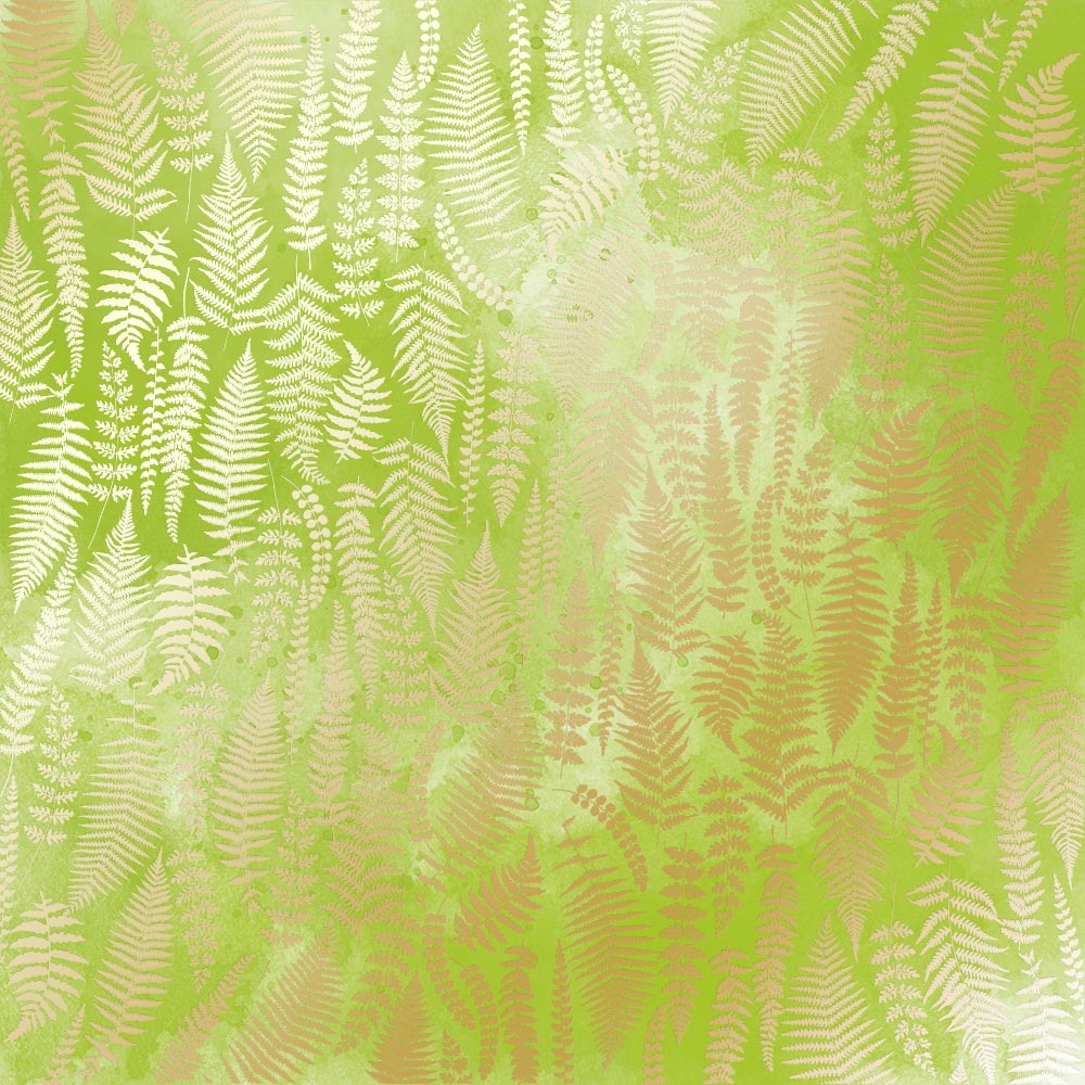 Blatt aus einseitigem Papier mit Goldfolienprägung, Muster Goldfarn, Farbe Hellgrüne Aquarellfarbe - Fabrika Decoru