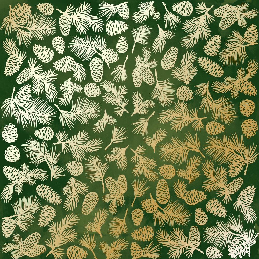 лист односторонней бумаги с фольгированием, дизайн golden pine cones green aquarelle, 30,5см х 30,5см