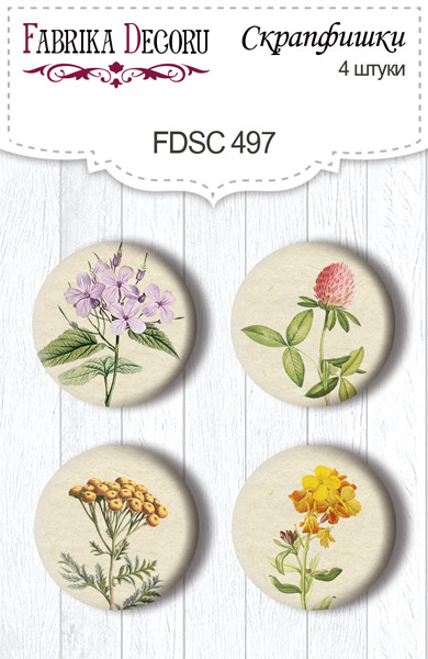 Set mit 4 Flair-Knöpfen zum Scrapbooking Botanisches Sommertagebuch Nr. 497 - Fabrika Decoru