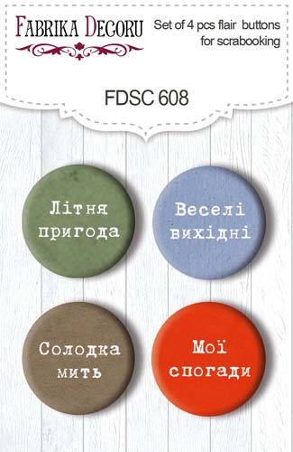 Set mit 4 Flair-Buttons zum Scrapbooking Summer botanical story UA #608 - Fabrika Decoru