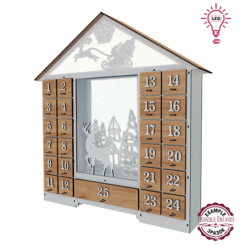 Advent calendar for 25 days with LED illumination, White - Kraft Oak, assembled - foto 0