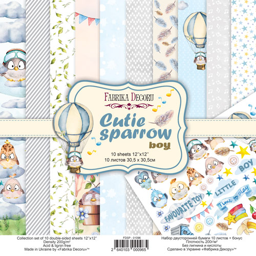 Double-sided scrapbooking paper set Cutie sparrow boy 12"x12", 10 sheets