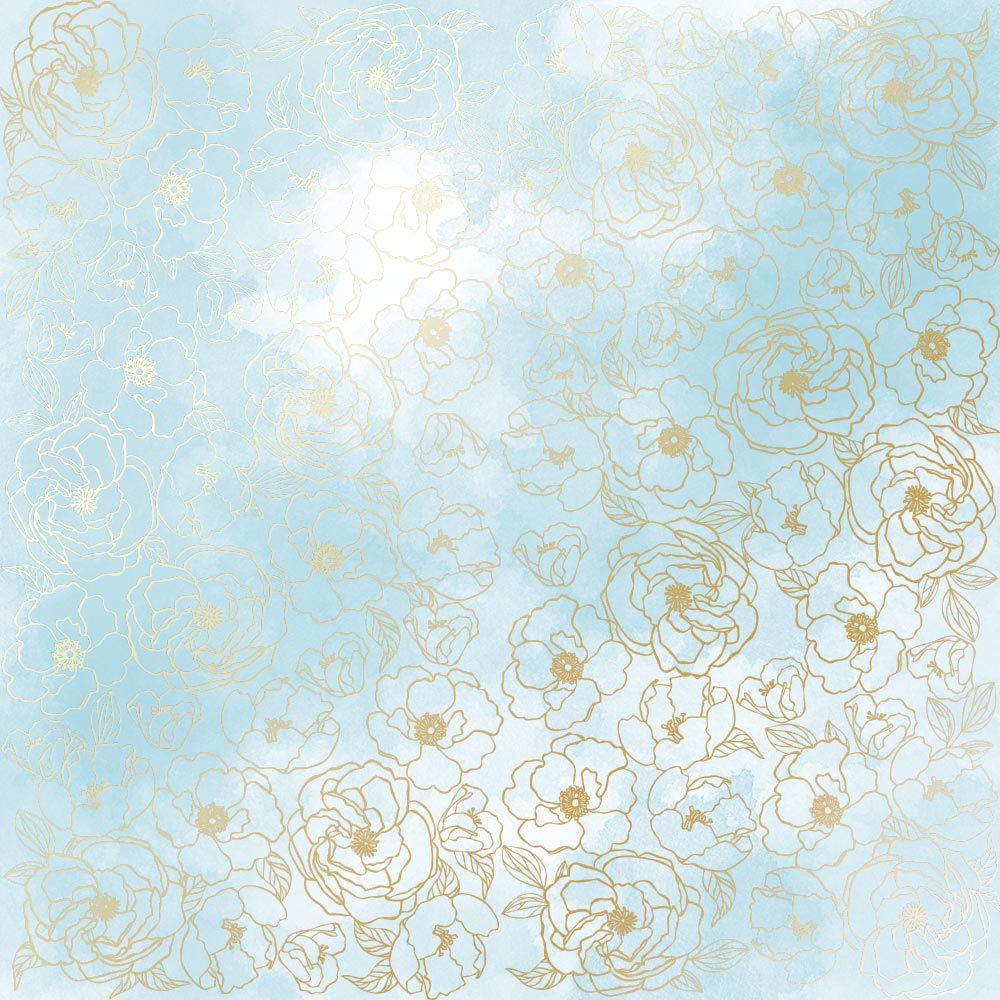 Blatt einseitig bedrucktes Papier mit Goldfolienprägung, Muster Golden Pion, Farbe Azure Aquarell, 12"x12" - Fabrika Decoru
