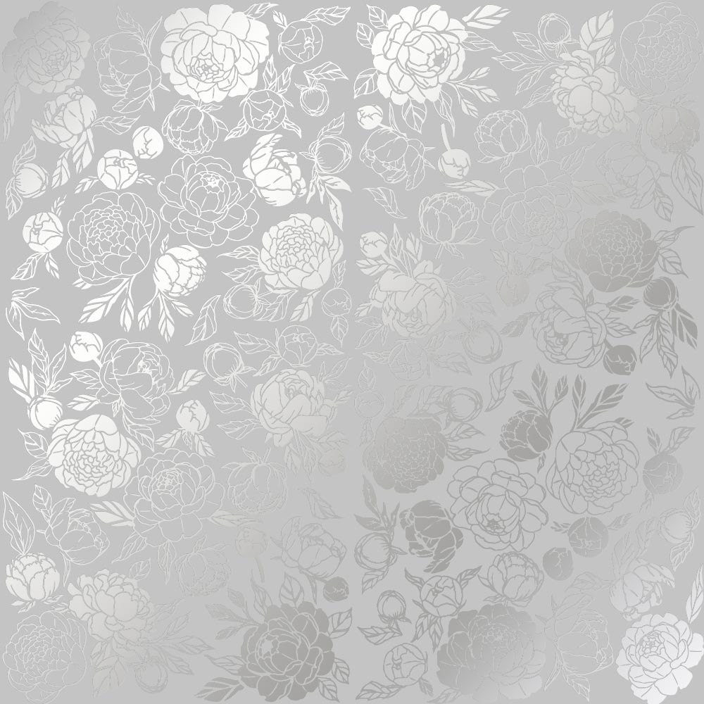 Sheet of single-sided paper embossed with silver foil, pattern Silver Peony Passion Gray 12"x12" 