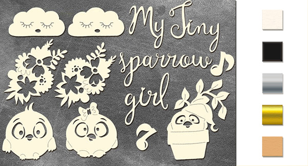Chipboard embellishments set, "My tiny sparrow girl" #182