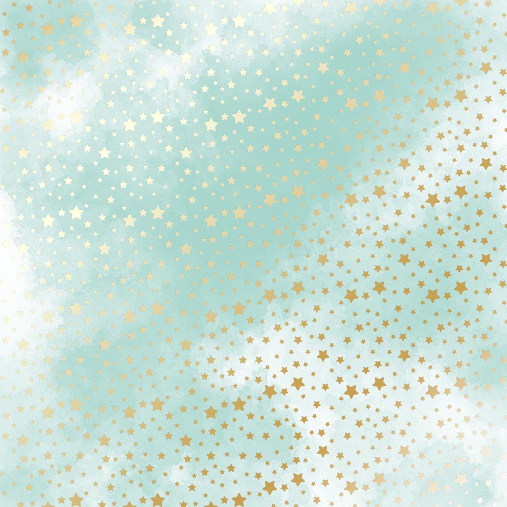 лист односторонней бумаги с фольгированием, дизайн golden stars, mint watercolor, 30,5см х 30,5см