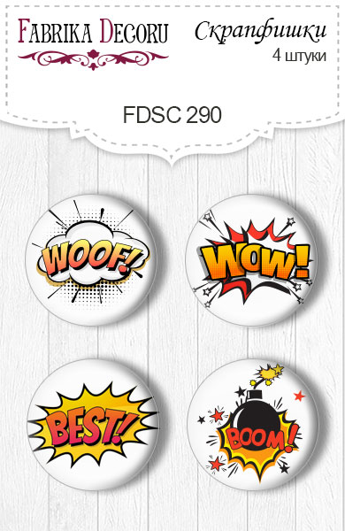 Set mit 4 Flair-Buttons zum Scrapbooking "Cool Teens" #290 - Fabrika Decoru