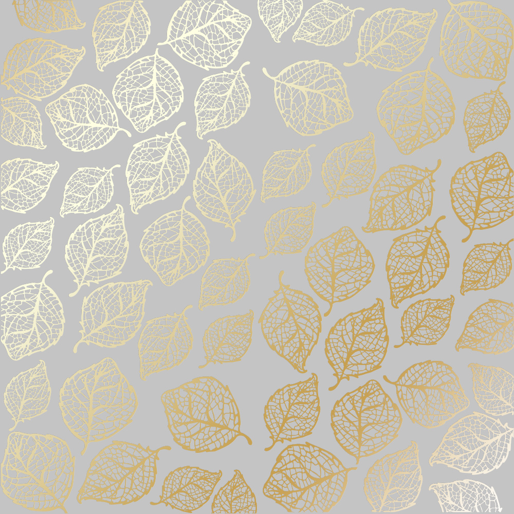 лист односторонней бумаги с фольгированием, дизайн golden delicate leaves gray, 30,5см х 30,5см