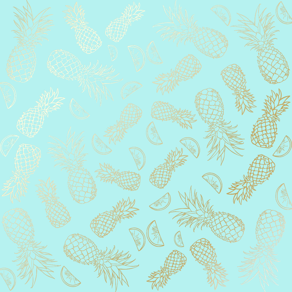 лист односторонней бумаги с фольгированием, дизайн golden pineapple turquoise, 30,5см х 30,5 см