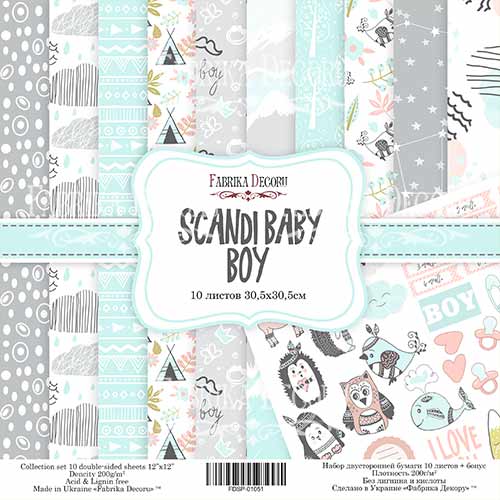 Double-sided scrapbooking paper set Scandi Baby Boy 12"x12" 10 sheets