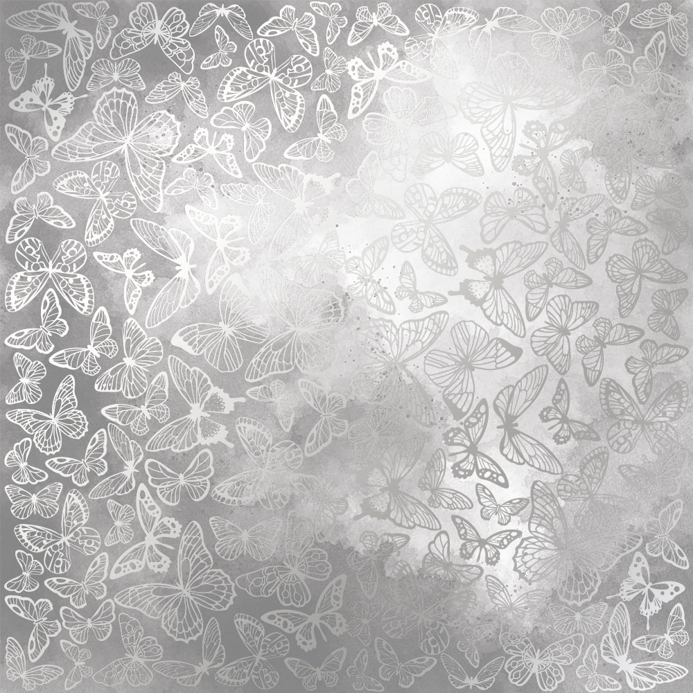 Einseitig bedrucktes Blatt Papier mit Silberfolie, Muster Silberne Schmetterlinge, Farbe Graue Aquarellfarben 12"x12" - Fabrika Decoru
