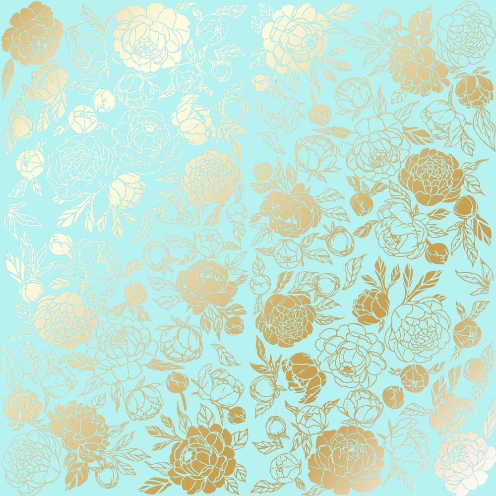 Sheet of single-sided paper with gold foil embossing, pattern "Golden Peony Passion Turquoise"