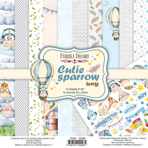 Double-sided scrapbooking paper set Cutie sparrow boy 8"x8", 10 sheets