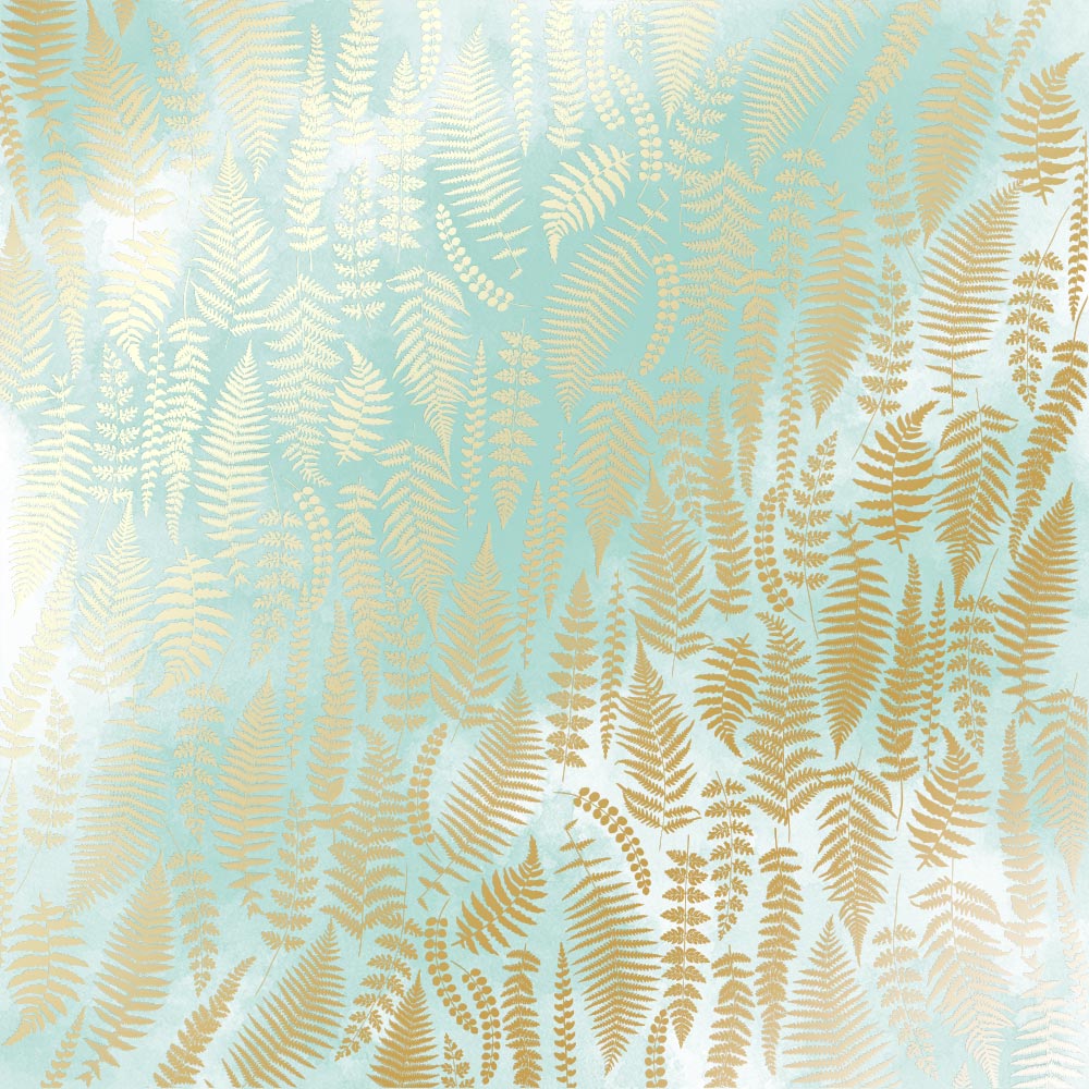 Blatt aus einseitigem Papier mit Goldfolienprägung, Muster Goldfarn, Farbe Mint-Aquarell - Fabrika Decoru