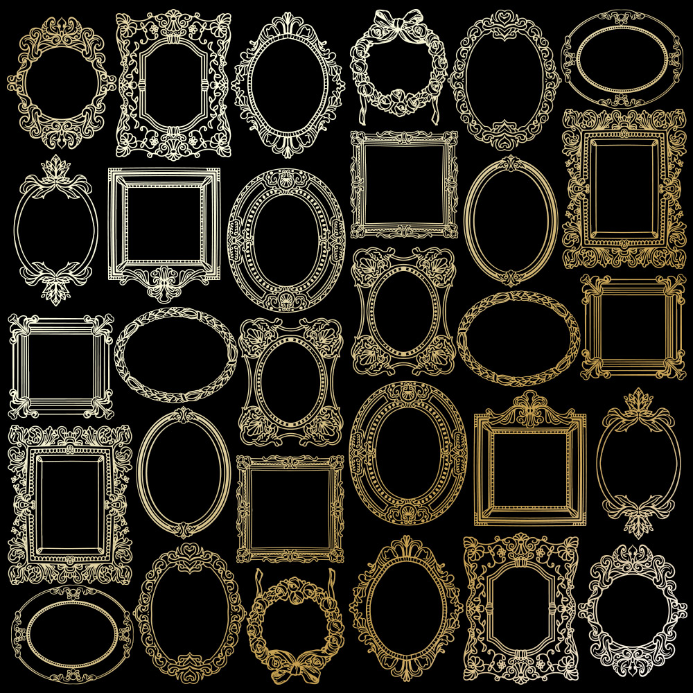 Sheet of single-sided paper with gold foil embossing, pattern "Golden Frames Black"