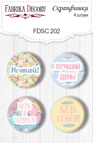 Set mit 4 Flair-Knöpfen zum Scrapbooking "Believe in Miracle" RU #202 - Fabrika Decoru