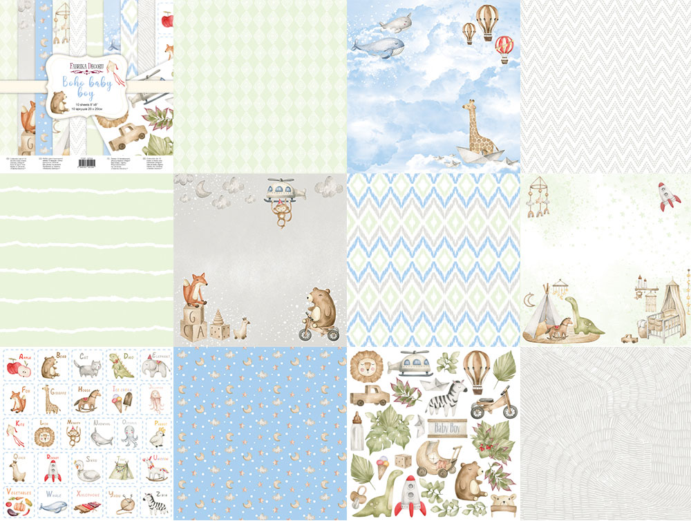 Double-sided scrapbooking paper set Boho baby boy 8"x8", 10 sheets - foto 0