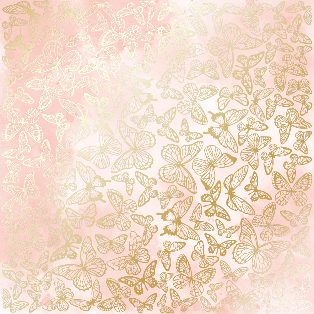 Sheet of single-sided paper with gold foil embossing, pattern "Golden Butterflies, color Vintage pink watercolor"