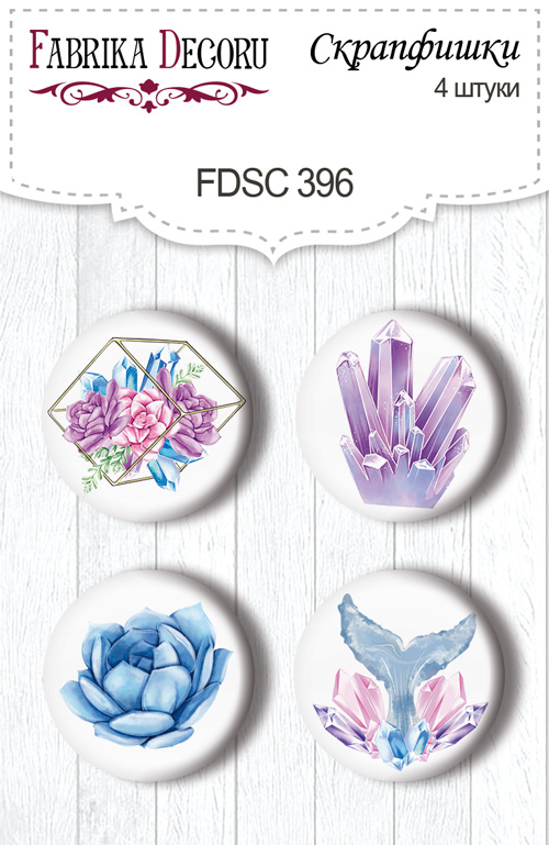 Set mit 4 Flair-Buttons zum Scrapbooking Mystical space #396 - Fabrika Decoru