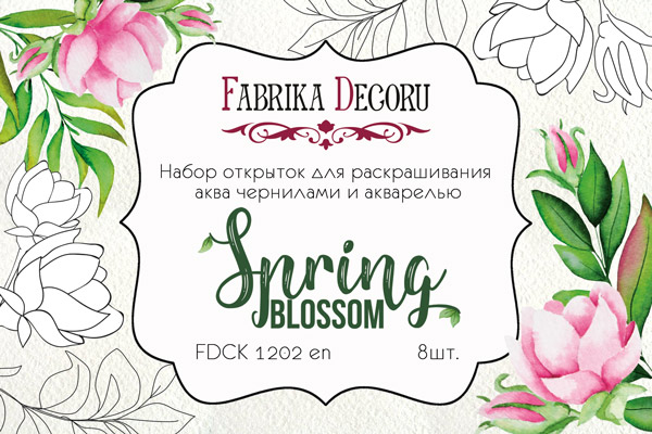 Zestaw pocztówek "Spring Blossom" do kolorowania atramentem akwarelowym EN - Fabrika Decoru