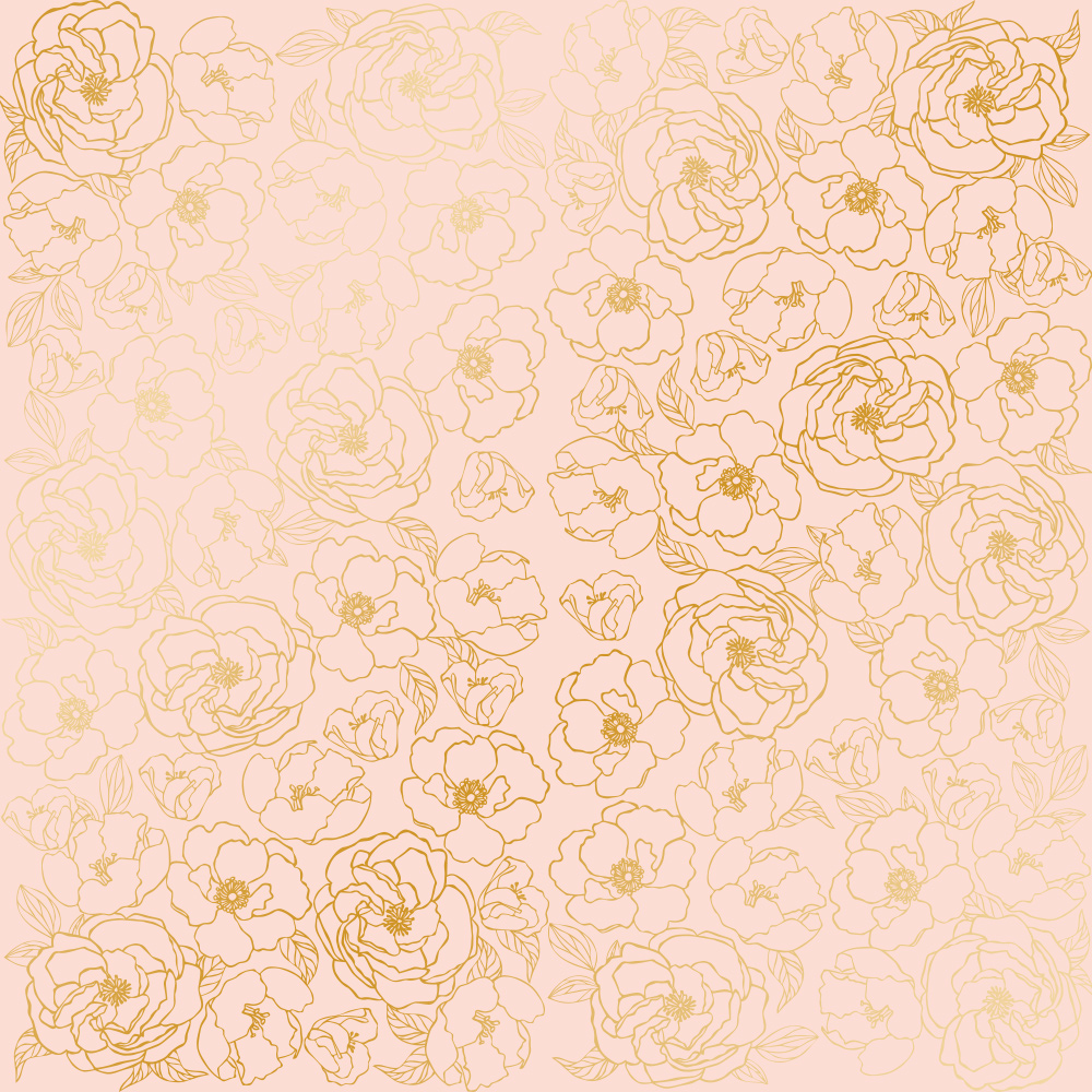 Sheet of single-sided paper with gold foil embossing, pattern Golden Pion Peach, 12"x12"