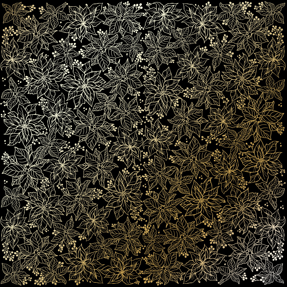 Blatt aus einseitigem Papier mit Goldfolienprägung, Muster Golden Poinsettia Black, 12"x12" - Fabrika Decoru