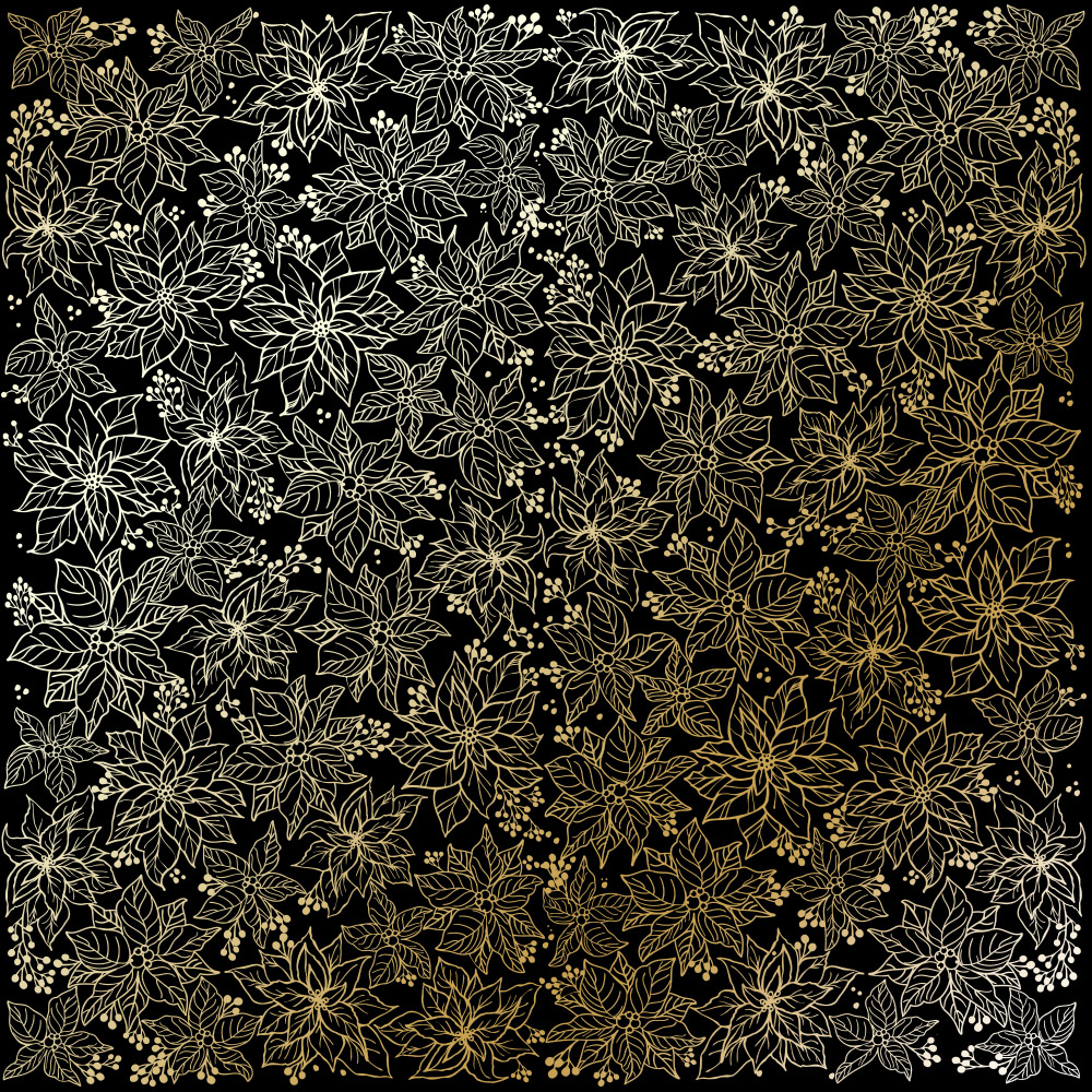 Sheet of single-sided paper with gold foil embossing, pattern Golden Poinsettia Black, 12"x12"