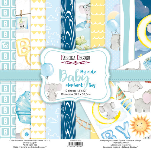 Doppelseitig Scrapbooking Papiere Satz My cute Baby Elephant Boy, 30.5 cm x 30.5 cm, 10 Blätter - Fabrika Decoru