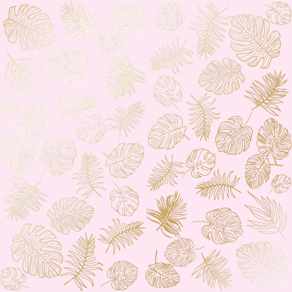 Blatt aus einseitigem Papier mit Goldfolienprägung, Muster Golden Tropical Leaves Light Pink, 12"x12" - Fabrika Decoru