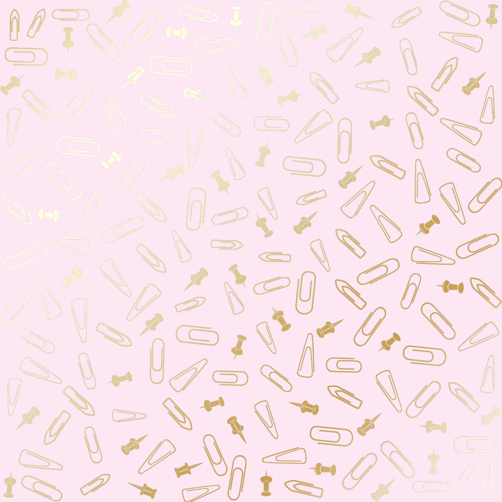 Sheet of single-sided paper with gold foil embossing, pattern Golden Drawing pins and paperclips, color Light pink