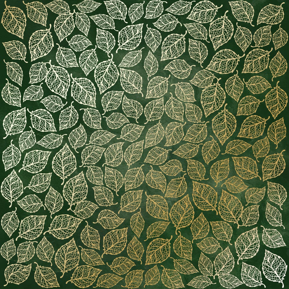 Sheet of single-sided paper with gold foil embossing, pattern Golden Leaves mini, color Dark green aquarelle